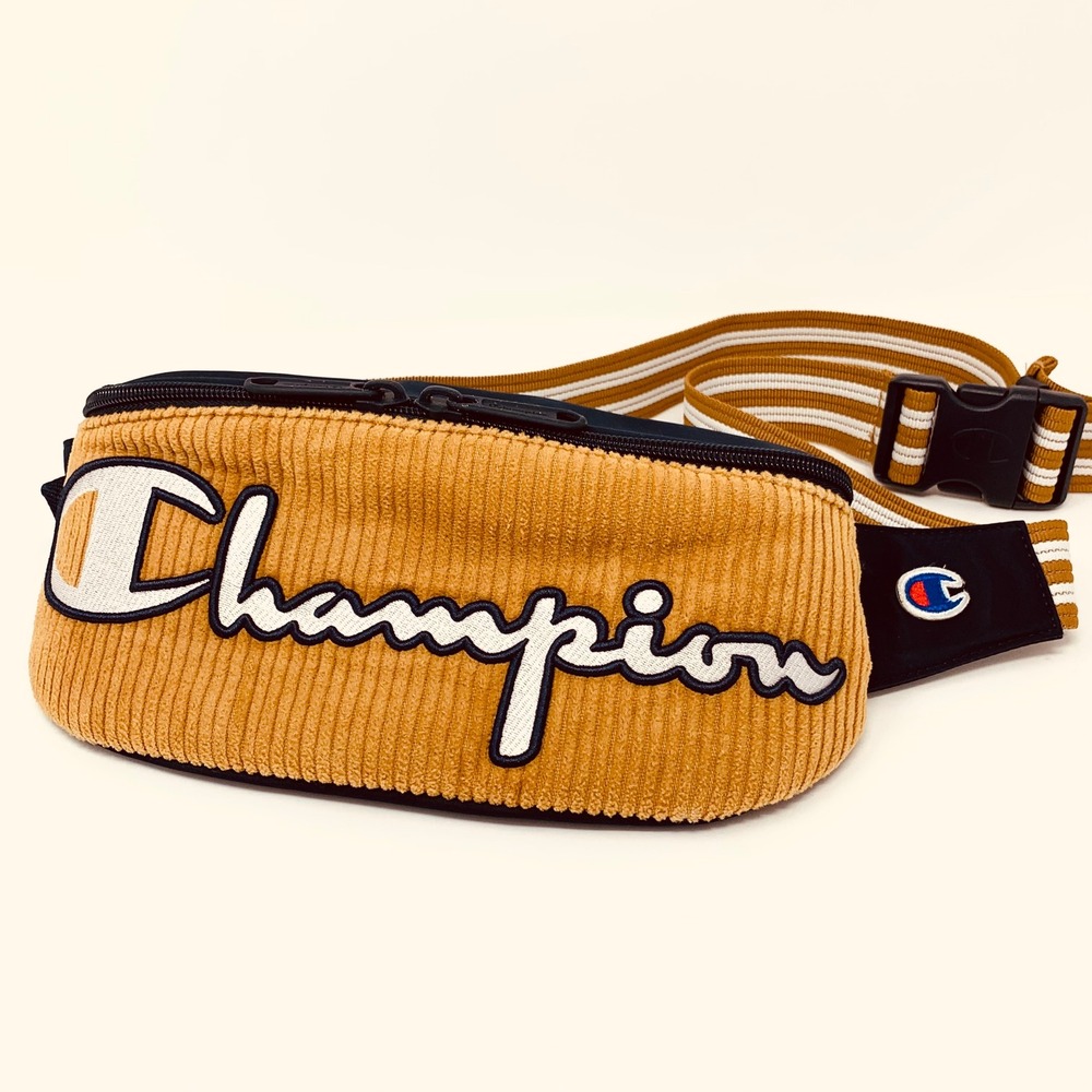Champion Fanny Pack Belt Bag Unisex Tan Navy Logo Waist or Crossbody Zip